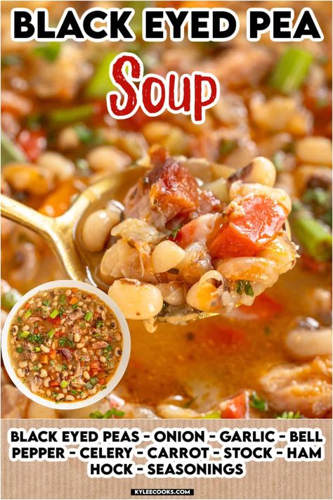 Cozy up with a bowl of this hearty Black-Eyed Pea Soup! 🍲 Full of veggies, ham, and tender black-eyed peas, it’s a classic comfort food perfect for chilly days. Black Eye Pea And Collard Soup, Black Eye Pea Chili, Black Eyed Pea Restaurant Copycat Recipes, Ham And Black Eyed Pea Soup, Black Eyed Peas And Ham Hocks, Blackeyed Pea Soup, Black Eye Peas Crockpot, Black Eye Pea Soup, Black Eyed Peas Soup