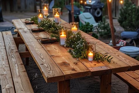 This modern picnic table is sturdy, stylish, and budget-friendly! Follow our step-by-step guide for creating a contemporary picnic table with straight cuts, perfect for your outdoor gatherings. Picnic Table On Patio, Wooden Table And Bench Outdoor, Rustic Patio Table Ideas, Large Picnic Table Plans, Long Picnic Table Outdoor Dining, Front Yard Picnic Table, Picnic Table With Backrest, Diy Wood Outdoor Table, Diy Outdoor Picnic Table