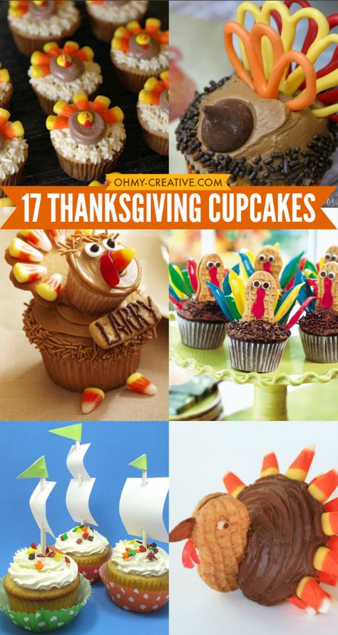 17 Thanksgiving Cupcakes to make for your family and friends - so many ways to make cute turkey cupcakes and other Thanksgiving themed cupcakes!  OHMY-CREATIVE.COM Cute Turkey Cupcakes, Thanksgiving Setting, Thanksgiving Baking, Turkey Cupcakes, Thanksgiving Cake, Thanksgiving Cupcakes, Thanksgiving Cakes, Cute Turkey, Thanksgiving Treats