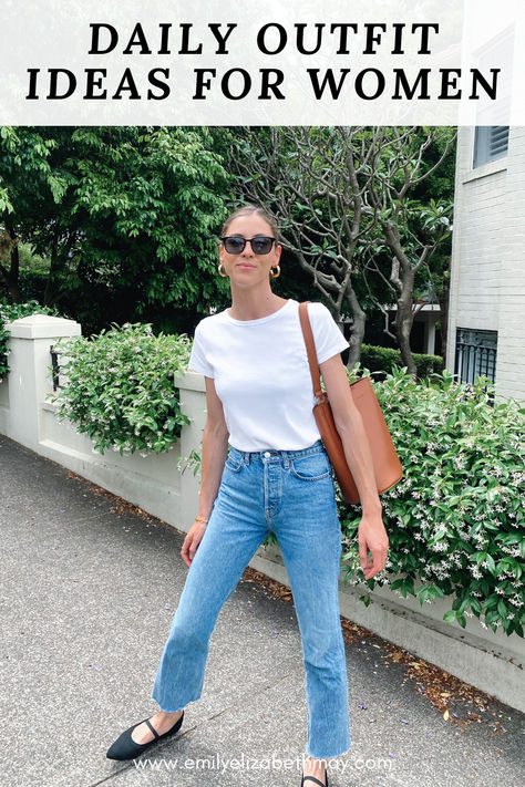 girl wearing white tshirt and blue denim jeans, black mary-janes, gold hoop earrings, black sunglasses and a brown bucket bag Emily Elizabeth May, Tee And Jeans Outfit, Blue Tshirt Outfit, Daily Outfit Ideas, Emily Elizabeth, Jeans And T Shirt Outfit, Minimal Outfit, Todays Outfit, Now And Then