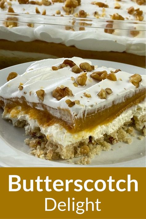 Layered Butterscotch Pudding Dessert, Butterscotch Layered Dessert, Butterscotch Lasagna Dessert, Heavenly Delight Dessert, Butterscotch Lush Recipe, Butterscotch Pudding Mix Recipes, Butterscotch Pudding Desserts Easy, Recipes Using Pudding Mix Desserts, Butterscotch Cream Cheese Pie