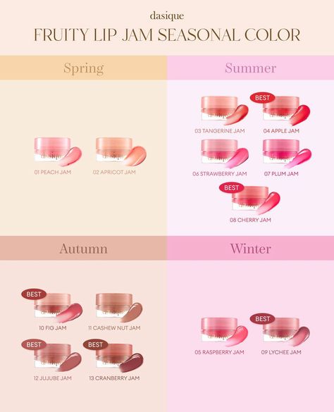 Dasique Fruity Lip Balm, Deep Winter Lipstick Shades, Spring Tones Colour Palettes, Warm Tone Makeup, Soft Autumn Makeup, Light Spring Color Palette, Seasonal Makeup, Seasonal Palette, Colour Season