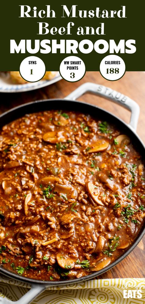 Low Syn Rich Mustard Beef with Mushrooms - the perfect meal for the whole family.#dairyfree #glutenfree #slimmingworld #weightwatchers #beef #paleo #whole30 #beef Whole30 Beef, Mince Dishes, Beef With Mushroom, Chestnut Mushrooms, Minced Beef Recipes, Italian Parsley, Minced Meat Recipe, Arrowroot Flour, Healthy Beef Recipes