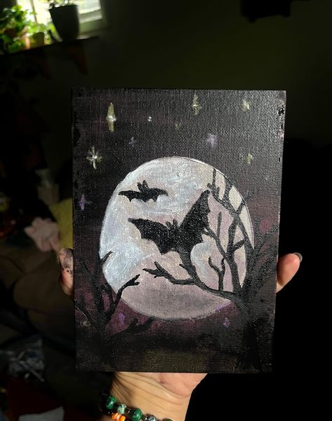 Small Witchy Paintings, Small Spooky Paintings, Mini Spooky Paintings, Spooky Things To Paint, Easy Witchy Paintings, Spooky Painting Ideas Easy, Cute Spooky Art, Easy Spooky Paintings, Bat Painting