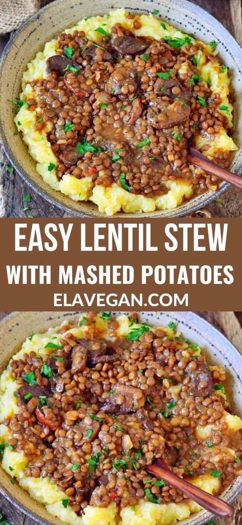 Stew With Mashed Potatoes, Easy Gluten Free Dinner, Recipe For Lunch, Potatoes Easy, Vegan Stew, With Mashed Potatoes, Lentil Stew, Tasty Vegetarian Recipes, Lentil Recipes