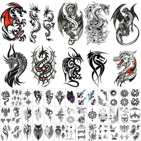 PRICES MAY VARY. 50 SHEETS VARIETY LARGE SIZE TEMPORARY TATTOOS: Contain 10 sheets Large Original Vivid Mystery Roar Watercolor Dragon temporary tattoos, size is 7.4 x 4.7 inch, New Exquisite Hot Popular designs, 40 sheets tiny 4.2 x 2.4 inch temporary tattoo size for adults lady female . With colored tattoos, black tattoos, there are a large selection of tattoos for you to change it at any time/ any moment. You can share it with your family and friends. EASY APPLICATION & REALISTIC & WATERPROOF Tattoos Large, Tattoo Ink Sets, Totem Tattoo, Dragon Sleeve, Back Of Shoulder Tattoo, Dragon Tattoos, Tattoo Design Book, Dark Art Tattoo, Dragon Tattoo Designs