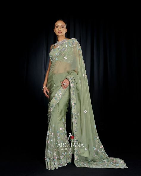 A sage green saree from a timeless collection would be a beautiful, classic choice. Sage green, a soft and muted shade of green, exudes elegance and sophistication. #archanaaryaloffical #archanaaryal #archanaaryaldesigns Featuring : @sa2bita Photography by : @bibek_shrestha10 Videography by : @ilonfilms Makeup and hair by : @srisaaabeautystudio assisted by @smi.sharma Jewellery partner : @radhakrishna.jewel Sage Saree, Sage Green Saree, Sage Green Desi Outfits, Sage Green Sharara, Light Green Saree, Sage Green Gharara, Green Saree, Sage Green, Shades Of Green