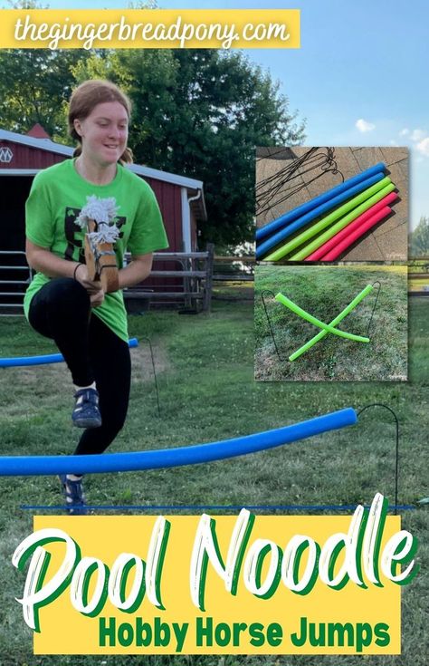 If you know a kid who rides horses, chances are pretty good that she loves jumping jumps.  No, we don't mean on a pony... we mean on foot! Horseless horse jumps are incredibly popular with young equestrians! Hobby horse jumps are often custom made and NOT cheap. Check out this dollar store version that we came up with! Use pool noodles and garden hooks to create your own hobby horse jumps that the kids will LOVE! #diy #horse #equestrian #thegingerbreadpony #hobbyhorse Make A Stick Horse, Stick Horse Games, Diy Stick Horse Easy, Hobby Horse Birthday Party, Horse Birthday Party Activities, Horse Birthday Activities, Stick Horse Obstacle Course, Hobby Horse Competition, Horse Party Activities