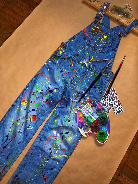 Paint Splatter Overalls, Unique Kids Gifts, Diy Overalls, Painted Overalls, Clothing Painting, Vestiti In Jeans, Overalls Jeans, Paint Splatter Jeans, Distressed Overalls