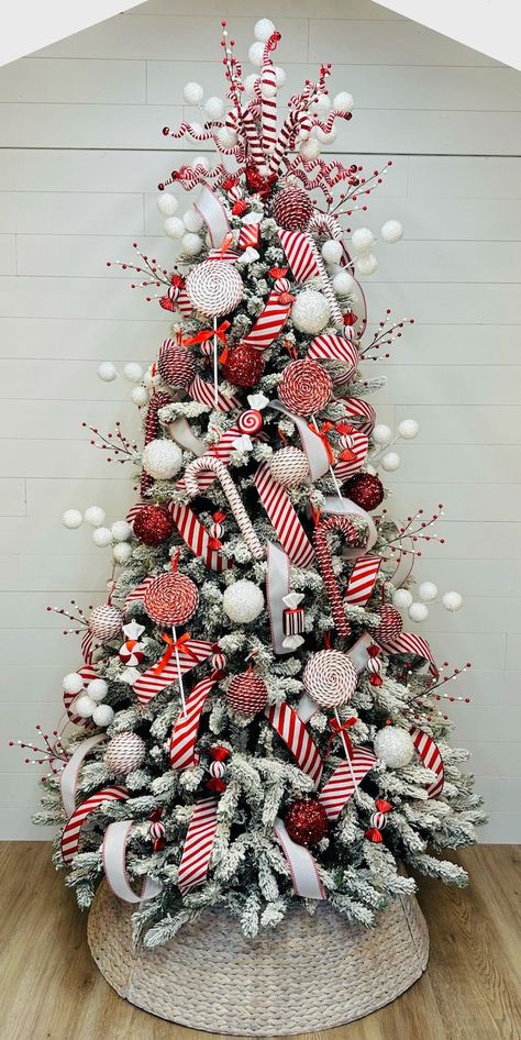 Peppermint Candy Christmas Tree Kit, Candy Christmas Tree, Tree Decorations, Candyland Christmas, Peppermint Christmas, Candies Striped Cane - Etsy Read And White Christmas Tree, Red And White Christmas Tree Ideas, Peppermint Candy Christmas Tree, Christmas Tree Red And White, Christmas Trees Decorated, Elf Idea, Peppermint Tree, Blue Christmas Tree Decorations, Tree Christmas Decoration