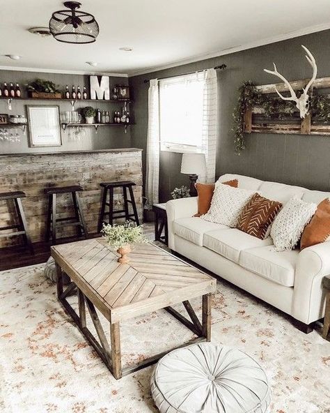 Amazing Couches, Renovated Basement, Basement Wet Bar, Gray Rug Living Room, Western Living Room, Apt Decor, Basement Living, Swan House, Basement Reno