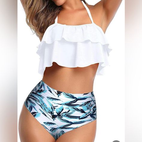 Nwt Two Piece High-Waisted Bikini Xxl. Top Ties At Neck And Back With Flattering Ruffle Detail And Removeable Pads. Very Short Dress, Leaf Decoration, Retro Swimwear, Halter Swimwear, White Bikinis, Two Piece Swimwear, Cute Bathing Suits, Set Style, Rockabilly Dress