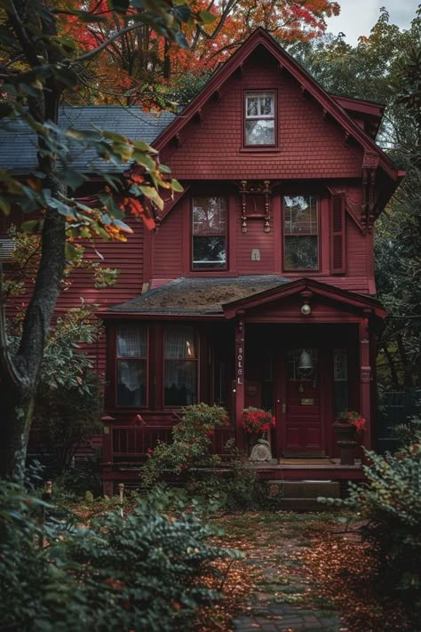 Whimsigothic House, Red And Black House, Red Exterior House Colors, Red House Aesthetic, Fall Houses Exterior, Cottagecore Houses, Dark Americana, Red House Exterior, Red Cottagecore