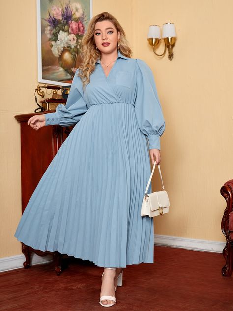 Baby Blue Elegant  Long Sleeve Polyester Plain A Line  Non-Stretch Spring Plus Size Dresses Pleated Dresses Outfit, Causal Frocks, Sky Blue Midi Dress, Pastel Blue Dress, Colorful Dresses Casual, Pastel Color Dress, Light Blue Dresses, Event Outfit, Blue Dress Casual