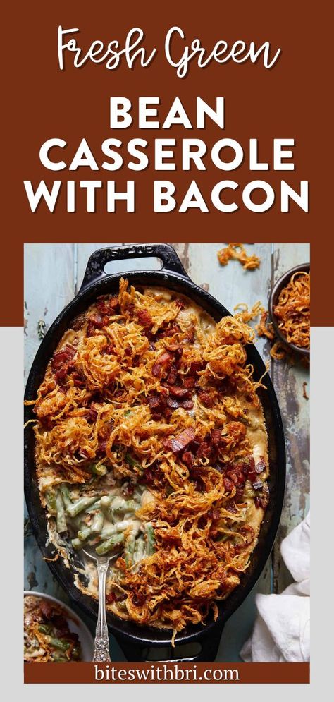 This Fresh Green Bean Casserole with Bacon made from scratch is a homemade version of the classic. It is made without any canned cream of mushroom soup. The perfect holiday side dish! This green bean casserole from scratch is way better than the classic. It is on the menu for every holiday dinner, like my creamy Red Skin Mashed Potatoes, super crispy Cast Iron Corn, or buttery Old Fashioned Yeast Rolls. This recipe is made completely from scratch. Yes it is a lot more work, but so worth it! Fresh Green Bean Casserole Recipes, Bacon Green Bean Casserole, Green Bean Casserole Bacon, Boil Green Beans, Fresh Green Bean Casserole, Green Bean Casserole Campbells, Best Green Bean Casserole, Homemade Green Bean Casserole, Greenbean Casserole Recipe