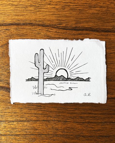 Original pen and ink drawing of a Saguaro cactus in a desert mountain landscape. Original ink drawing by artist Alexandra Leclerc. Perfect for lovers of Southwestern style, this elegant ink drawing is 4" x 6" and drawn on white cotton deckle edge paper. *Does not include frame, only shown as an example. Free shipping. All prints are shipped with a tracking number, and delivered via USPS. Shipping time is between 7 - 10 days in the United States. Important: We are not responsible for any damage o Desert Background Drawing, Western Sketches Pencil, Easy Western Drawing Ideas, Western Simple Drawings, Arizona Desert Tattoo, How To Draw A Cactus, Simple Western Painting Ideas, Desert Drawing Simple, Western Things To Draw