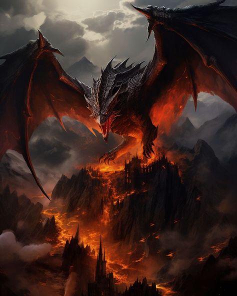 Demon Realm Aesthetic, Fire Dragon Art Fantasy, Fire Dragon Aesthetic, Abyss Drawing, Names That Mean Fire, Fire Castle, Dark Fantasy Dragon, Fire Dragon Art, Lone Warrior