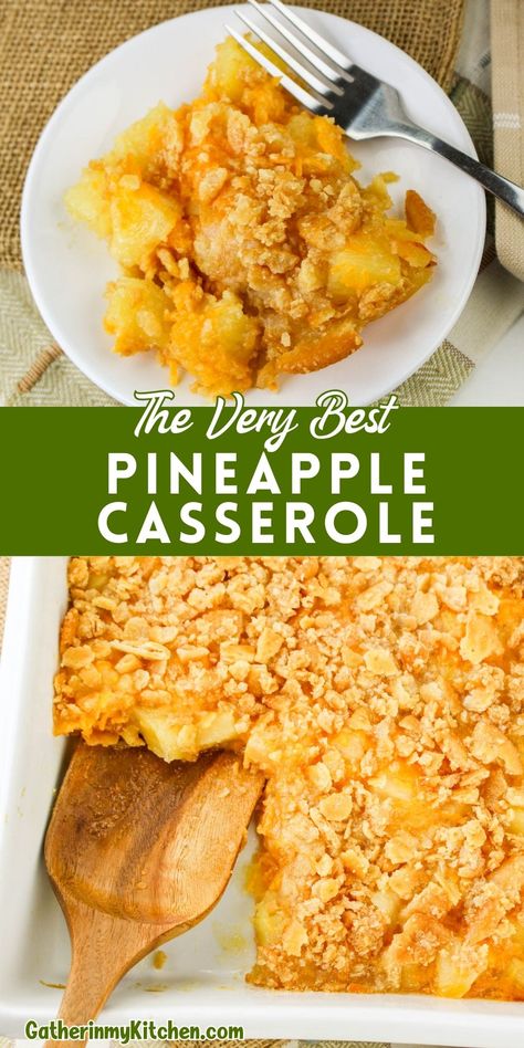 A delicious blend of tangy pineapple and sharp cheddar cheese, topped with a crunchy Ritz cracker crust. Perfect for gatherings! Pineapple Cheddar Cheese Ritz Crackers, Southern Pineapple Casserole, Pineapple And Cheese Casserole, Pineapple Casserole With Ritz Crackers, Pineapple Side Dish, Easy Pineapple Casserole Recipe, Fall Potluck Dishes, Veg All Casserole, Pineapple Cheese Casserole