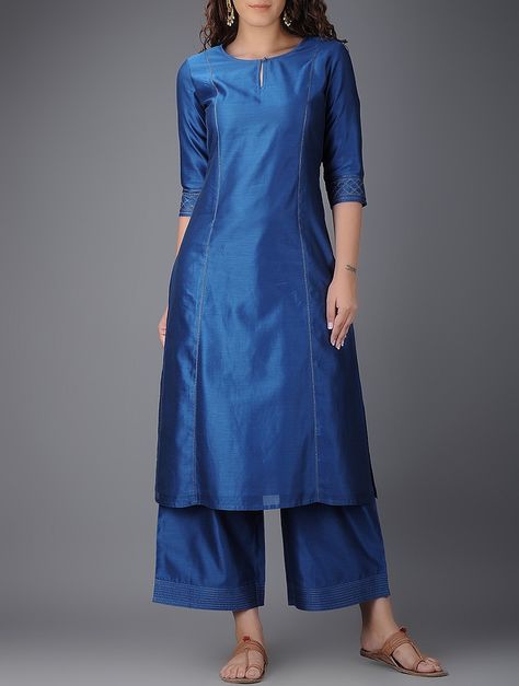 Blue Round Neck Chanderi Kurta on Jaypore.com Plain Kurti Designs, Kurtha Designs, Design Kurta, Silk Kurti Designs, Chanderi Kurta, Kurta Patterns, Churidar Designs, Silk Kurti, Simple Kurta Designs