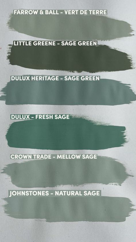 We've tried and tested our favourite sage green paint shades from both designer and trade paint colour charts. Where would you use a sage green paint at home? #sagegreenpaint #mellowsage #naturalsage #freshsage #sagegreen #vertdeterre #paintsamples #painttesterpots #sagegreeninteriors #littlegreenesagegreene #littlegreene #crowntrade #crownpaint #farrowandball #farrowandballvertdeterre #duluxtrade #duluxtradefreshsage #duluxfreshsage #duluxheritagesagegreen #johnstonesnaturalsage Crown Sage Green Paint, Sage Skirting Boards, Crown Paint Mellow Sage, Sage Green Paint Colours Uk, Sage Green Color Swatch, Fresh Sage Dulux Paint, Deep Sage Green Paint, Dulux Heritage Sage Green, Dulux Fresh Sage