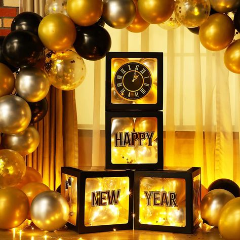 New Years Eve House Party, New Years Eve Table Setting, New Year Party Decoration, Gold 2023, Balloon Boxes, Homecoming Decorations, Happy New Year Party, New Year Backdrop, Gala Decorations