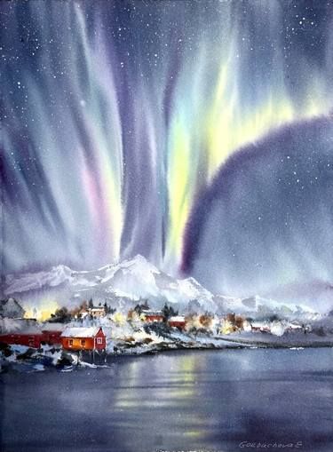 Norway Watercolor, North Lights, Northern Lights Watercolor, Snow Watercolor, Norway Landscape, Northern Lights Painting, Northern Lights Norway, Bridge Painting, Sunrise Painting