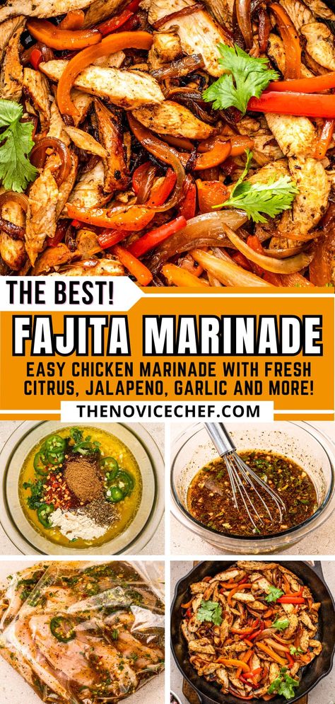 This bright, fresh and zesty chicken fajita marinade recipe is super quick and easy to whip together. Featuring fresh citrus, garlic, and spicy jalapeño, your chicken fajitas will be so tender and juicy, with a great depth of flavor! Quick And Easy Chicken Fajita Recipe, Fajitas Marinade Chicken, Chicken And Shrimp Fajitas Recipes, Shrimp Fajitas Marinade, Sauce For Chicken Fajitas, Shrimp Fajita Marinade, Pappasitos Fajita Marinade, Mexican Fajita Marinade, Fajita Marinade Chicken