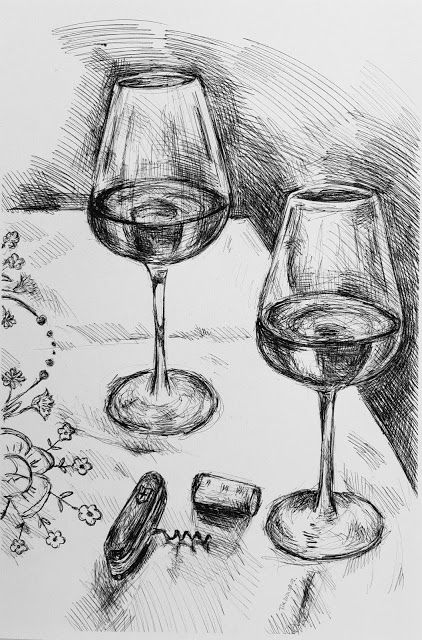 Wine Glass Pencil Sketch, Drawing Wine Glasses, Wine Glass Drawing Reference, Glassware Drawing, Wine Glass Drawing Simple, Wine Drawing Sketches, Wine Glasses Drawing, Wine Art Drawing, Glass Of Wine Drawing