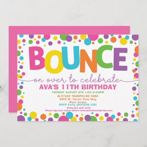 Birthday Bounce House, Trampoline Park Birthday Party, Trampoline Party Invitations, Bounce House Birthday Party, Bounce House Birthday, Trampoline Party, Birthday Party At Park, Jump Party, Rainbow Birthday Invitations