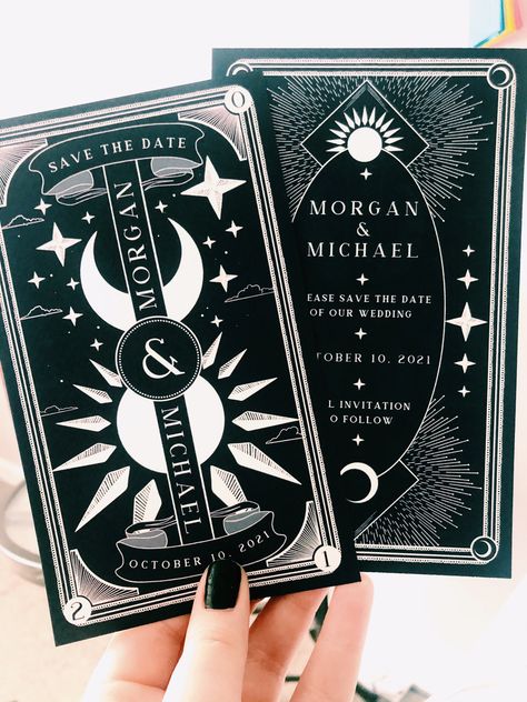 Wiccan Wedding Invitations, Dark Wedding Stationary, Goth Save The Date Ideas, Spring Witch Wedding, Save The Date Tarot Card, Norse Wedding Invitations, Dark Forest Wedding Invitations, The Lovers Tarot Card Wedding Invitation, Coven Themed Wedding