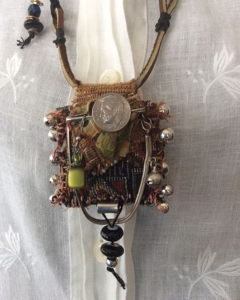 Interesting Necklaces, Pocket Jewelry, Medicine Bags, Beads Fabric, Found Object Jewelry, Fiber Art Jewelry, Talisman Jewelry, Mixed Media Jewelry, Vintage Textile