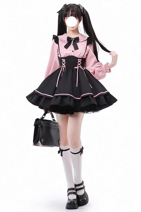 Fabric: Polyester Color: Black/Pink Sleeve Length: Long Sleeves Feature: Multi-layer, Lace-Up Style: Sweet, Jirai Kei, Japanese Include: Skirt*1, Blouse*1 Size Jira Kei, Landmine Style, Jirai Kei Fashion, Girly Kei, Black Kawaii, Goth Kawaii, Chemise Rose, Mode Kawaii, Jirai Kei