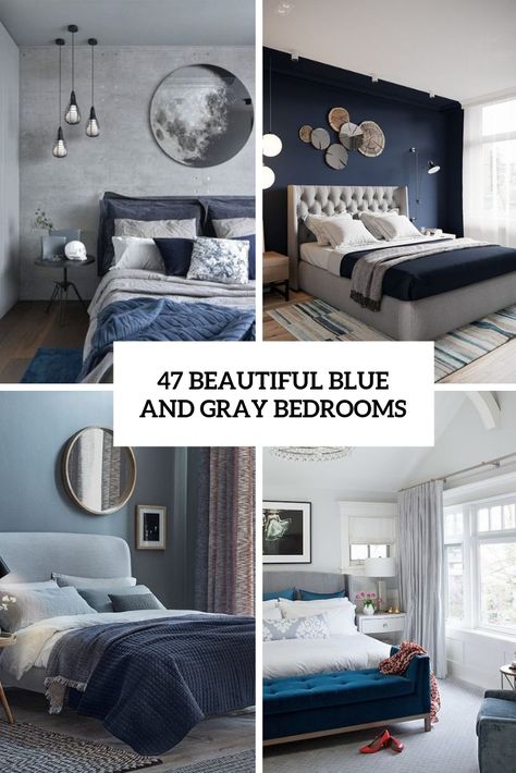 47 Beautiful Blue And Gray Bedrooms Blue Bedroom Grey Bed, Gray And Dark Blue Bedroom, Bedroom Ideas For Blue Walls, Bedroom Decor Blue And Grey, Navy And Grey Bedroom Master Accent Wall, Navy Silver Bedroom, Gray White Blue Bedroom, Blue And Grey Bedroom Walls, Blue And Grey Master Bedrooms Decor