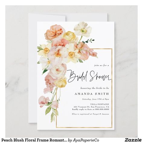 Peach Blush Floral Frame Romantic Bridal Shower Invitation Romantic Bridal Shower, Summer Bridal Showers, Peach Blush, Watercolor Invitations, Floral Bridal Shower, Summer Floral, Floral Bridal, Acrylic Art Print, Invitation Sizes