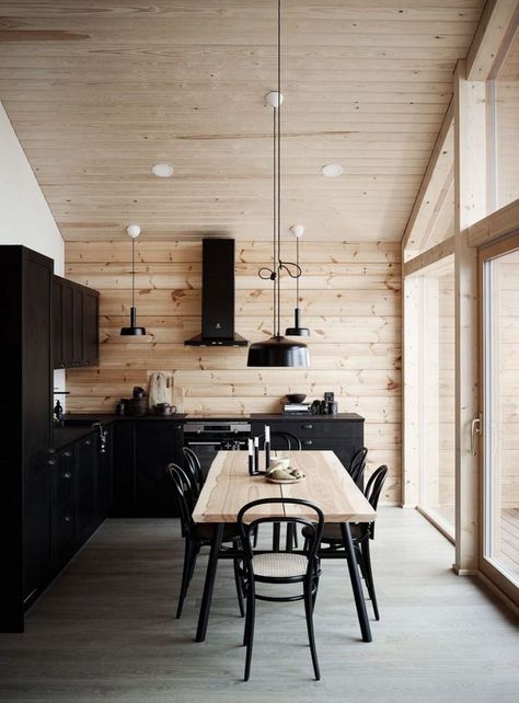 contrast. I like the way the black looks on the lighter wood but I feel like its overwhelming with black and why would you want black cabinets Modern Log House, Log Home Designs, Modern House Interior, Interior Vintage, Cabin Interiors, Modern Cabin, Wood Interiors, Log Homes, House In The Woods