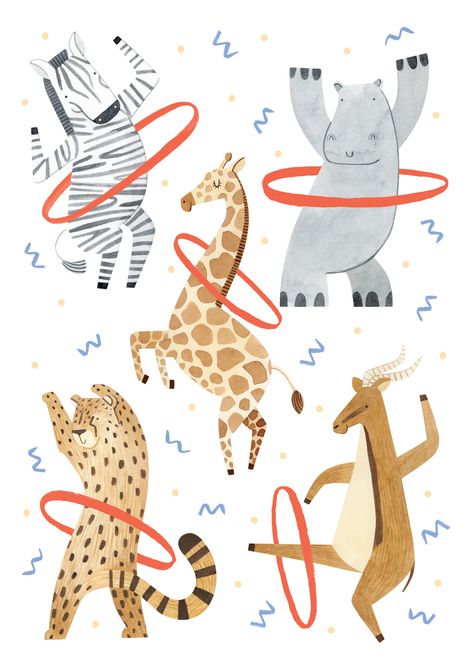 Animals Having Fun, Happy Animal Illustration, Animal Dancing Illustration, Animal Party Illustration, Hula Hoop Illustration, Nursery Illustration Art, Nursery Poster Ideas, Fun Illustration Art, Dancing Animals Illustration