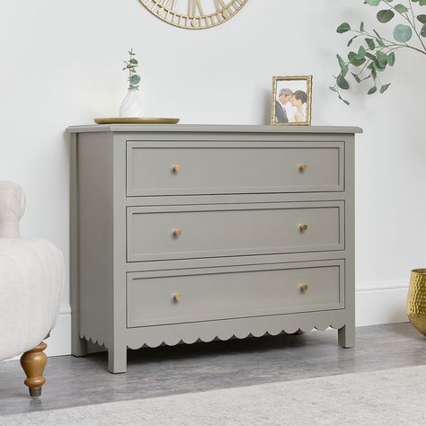 Large Scalloped 3 Drawer Chest of Drawers - Staunton Taupe Range Scallop Furniture, Chest Of Drawers Decor, Mirrored Bedroom Furniture, Classy Living Room, Chest Of Drawer, Whimsical Furniture, Warm Taupe, Nursery Room Design, Nursery Room Inspiration