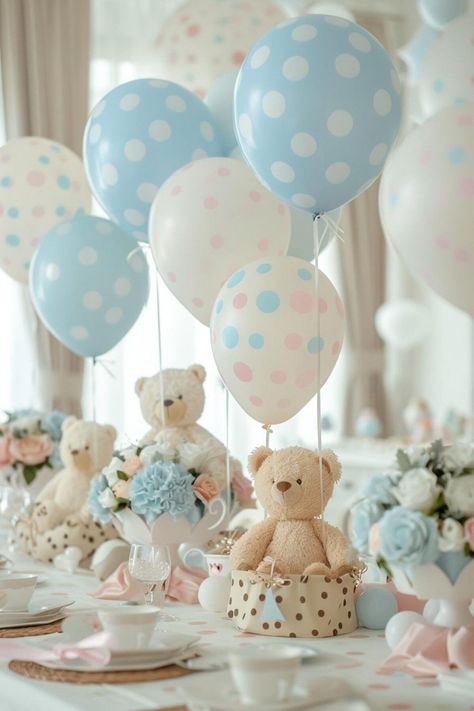 30 Beautiful Teddy Bear Baby Shower Centerpieces for a DIY Celebration Center Pieces For Baby Shower Boho, Bear With Balloons Centerpiece, Stuffed Animal Centerpieces, Boy Baby Shower Decoration Ideas, Teddy Bear Baby Shower Theme Decoration, Baby Table Decorations, Teddy Bear Balloon Centerpiece, Teddy Bear Baby Shower Centerpieces, Baby Shower Set Up