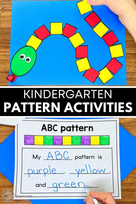 Snake pattern activity and ABC pattern practice page Shape Activities For Kindergarten, Pattern Activities For Kindergarten, Ab Pattern Activities, Kindergarten Math Patterns, 3d Shape Activities, Math Patterns Activities, Math Sorting Activities, Small Group Math Activities, Shape Activities Kindergarten