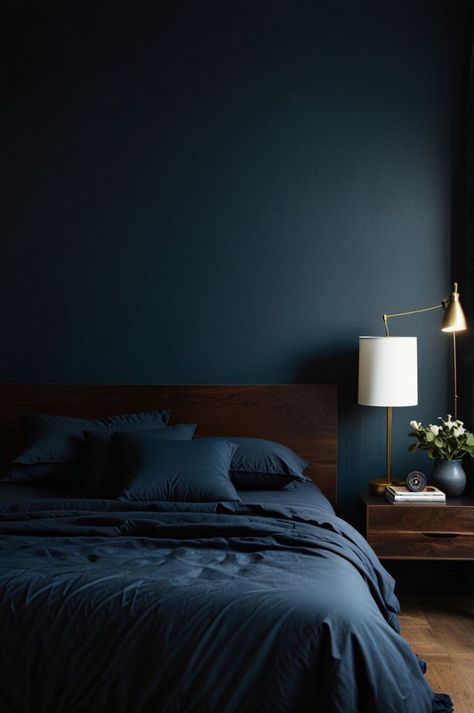 Dark Blue Moody Bedroom, Blue Wood Bedroom, Navy Room Ideas, Deep Blue Bedroom, Dark Blue Color Scheme, Midnight Blue Bedroom, Dark Blue Bedroom Ideas, Dark Blue Decor, Dark Blue Bedroom Walls