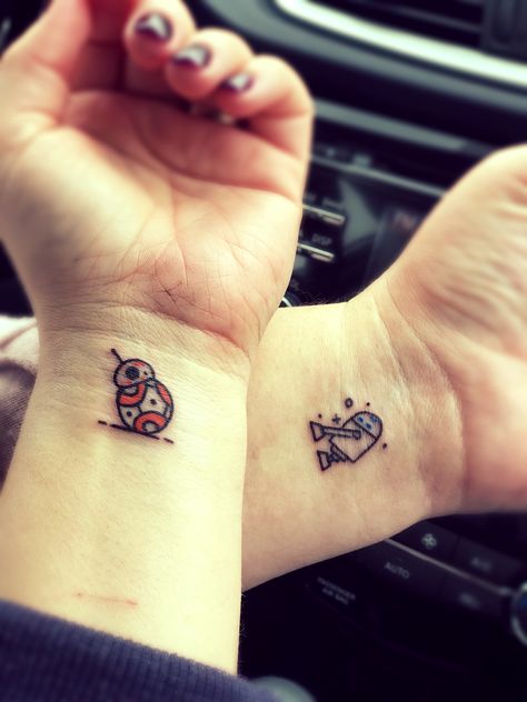 Gender Neutral Best Friend Tattoos, Friend Ship Tattoos Small, Tiny Matching Tattoos Couple Meaningful, Wrist Tattoos For Besties, Best Friend Star Wars Tattoo, Cartoon Best Friend Tattoos, Best Friend Tattoos Silly, Matching Tattoos Star Wars, Disney Friends Tattoo