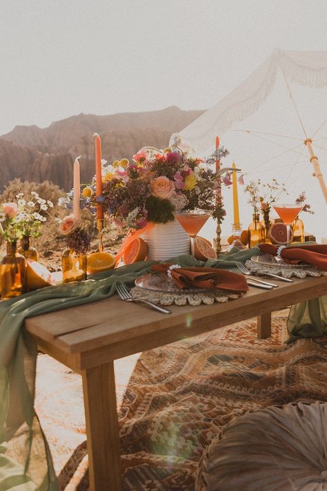 Colorful vintage-inspired picnic elopement in Southern Utah | Vibrant picnic elopement | Southern Utah elopement | Desert elopement | Colorful elopement | Utah bride | Utah wedding photographers | Utah elopements Colorful Elopement, Elopement Desert, Tent Ideas, Reception Tent, 4 Pillars, Kanab Utah, Utah Style, Luxury Picnic, Utah Elopement