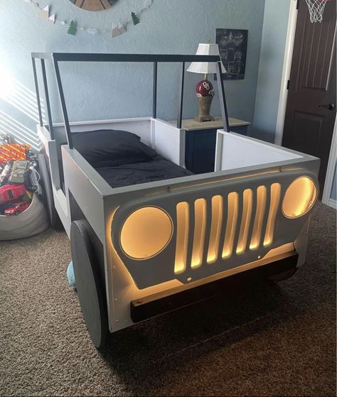 Kids jeep bed Car Beds For Boys, Explorer Bedroom, Jeep Bed, Deer Bedding, Bed With Underbed, Kids Room Bed, Kids Jeep, Toddler Boy Room Decor, Kid Room Ideas