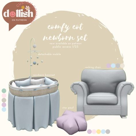 Comfy Cot Newborn Set! | Patreon The Sims 4 Kids, The Sims 4 Pack, Sims 4 Content, Newborn Bassinet, Sims 4 Tsr, Sims Baby, Sims 4 Traits, Play Sims 4, Muebles Sims 4 Cc