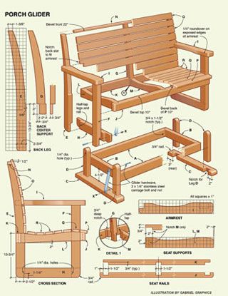 We have shared a Porch Glider Plan in the past, but a variation on the theme is always in order.  Everyone has a slightly different aesthetic and, even though the methods are essentially the same, seeing a design that suits your style is much more likely to get you to start building. The following porch … Porch Glider Plans, Woodwork Joinery, Woodwork Tips, 2x2 Wood, Porch Glider, Adirondack Chair Plans, Wooden Headboard, Bench Plans, Learn Woodworking