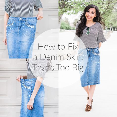 How to Alter a Denim Skirt Waistband (How to Fix a Denim Skirt That's Too Big UPDATED) Diy Denim Skirt, Altering Jeans, Skirt Waistband, Denim Button Skirt, Big Skirts, Blue Jean Skirt, Denim Skirt Outfits, Long Denim Skirt, Diy Skirt