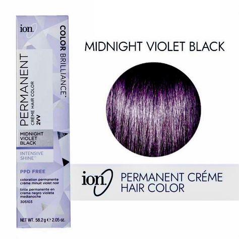 Ion Midnight Violet Black 2vv Permanent Creme Hair Color. Ion Color Brilliance Permanent Creme Hair Color Has A Palette Of Luxurious Shades. The Advanced Ionic Technology Utilizes Pure Ionic Micro Pigments For Deeper, More Intense Color Deposit. Ion Color Brilliance Penetrates The Cuticle Layer Of The Hair & Lodges In The Cortex, Ensuring 100% Flawless Gray Coverage. High Lift Shades Lift Up To 5 Levels & Tones Without Bleach. Ion’s Superior Quality, Proprietary Blends Are Formulated In Italy By Our Expert Team Of Chemists To Deliver Unparalleled Results. Ion’s Unique System Combines The Finest Quality Natural & Exotic Ingredients With Powerful High-Tech Compounds To Achieve Exquisite, B Ion Purple Hair Color, 5rv Hair Color, Purple Black Hair Dye, Violet Brown Hair Color, Deep Purple Hair Color, Deep Plum Hair Color, Eggplant Hair Color, Dark Plum Hair Color, Dark Purple Hair Dye