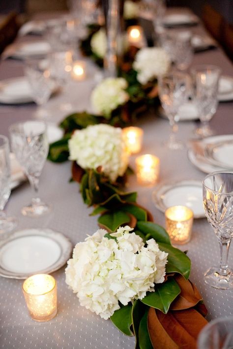 Flowers And Candles, Magnolia Wedding, Hydrangeas Wedding, Minneapolis Wedding, Magnolia Leaves, Pretty Tables, Mod Wedding, Deco Floral, Reception Table