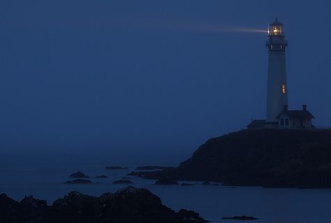 Pigeon Point Lighthouse at Night Lighthouse At Night, Nautical Aesthetic, Lighthouses Photography, Ocean At Night, Lighthouse Keeper, Lighthouse Painting, Lighthouse Art, Light Houses, Blue Hour