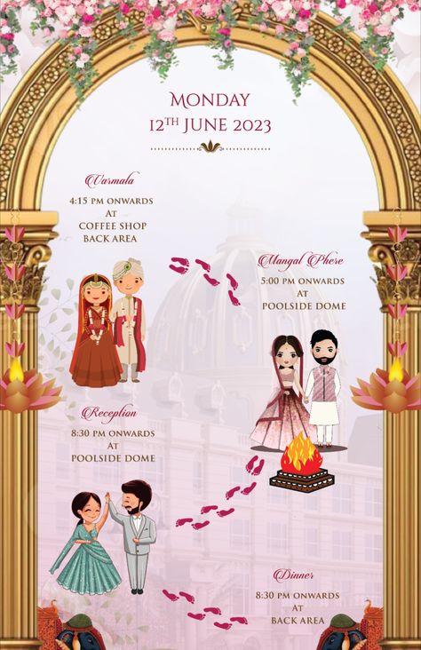 wedding itinary Room Itinerary For Wedding, Indian Wedding Itinerary Template, Indian Wedding Itinerary, Groom Cartoon, Stationary Packaging, Bride And Groom Cartoon, Wedding Itinerary Template, Itinerary Design, Wedding Timeline Template